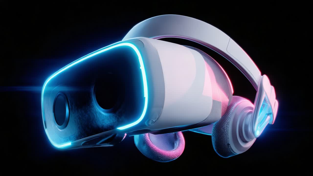 Captivating Close-up of a Cutting-Edge Virtual Reality Headset Featuring Neon Glow Accents and Stylish Design, Perfect for Immersive Gaming and Digital Experiences in 3D Worlds