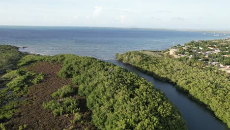 Vista-Aérea-Siguiendo-El-Río-Masacre,-Hacia-El-Mar,-En-La-Soleada-República-Dominicana