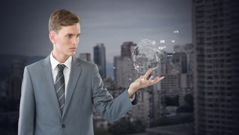digital animation of a businessman holding a turning globe in his hand 4k