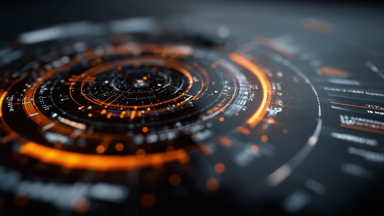 A Futuristic Digital Interface Visualizing Data with Circular Patterns and Interactive Elements in Black and Orange, Highlighting Technological Innovation and Design