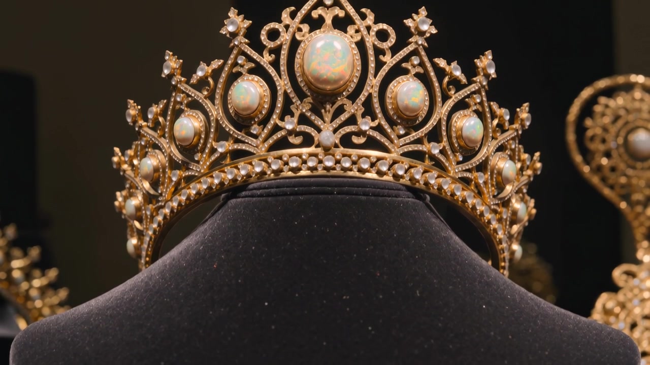 Cámara haciendo zoom revelando una corona de oro ornamentada sobre un busto de terciopelo negro en un museo, mostrando filigrana y ópalos.