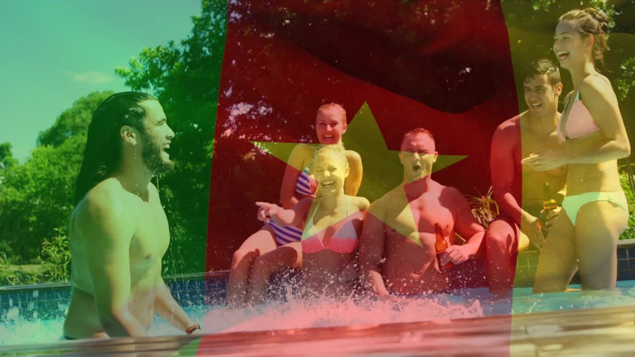 Animação da bandeira do Senegal sobre amigos caucasianos felizes divertindo-se na piscina