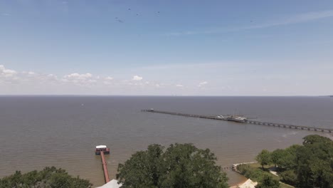 Una-Toma-De-Muelles-En-Una-Bahía-Con-Pájaros-Volando-Por-Encima