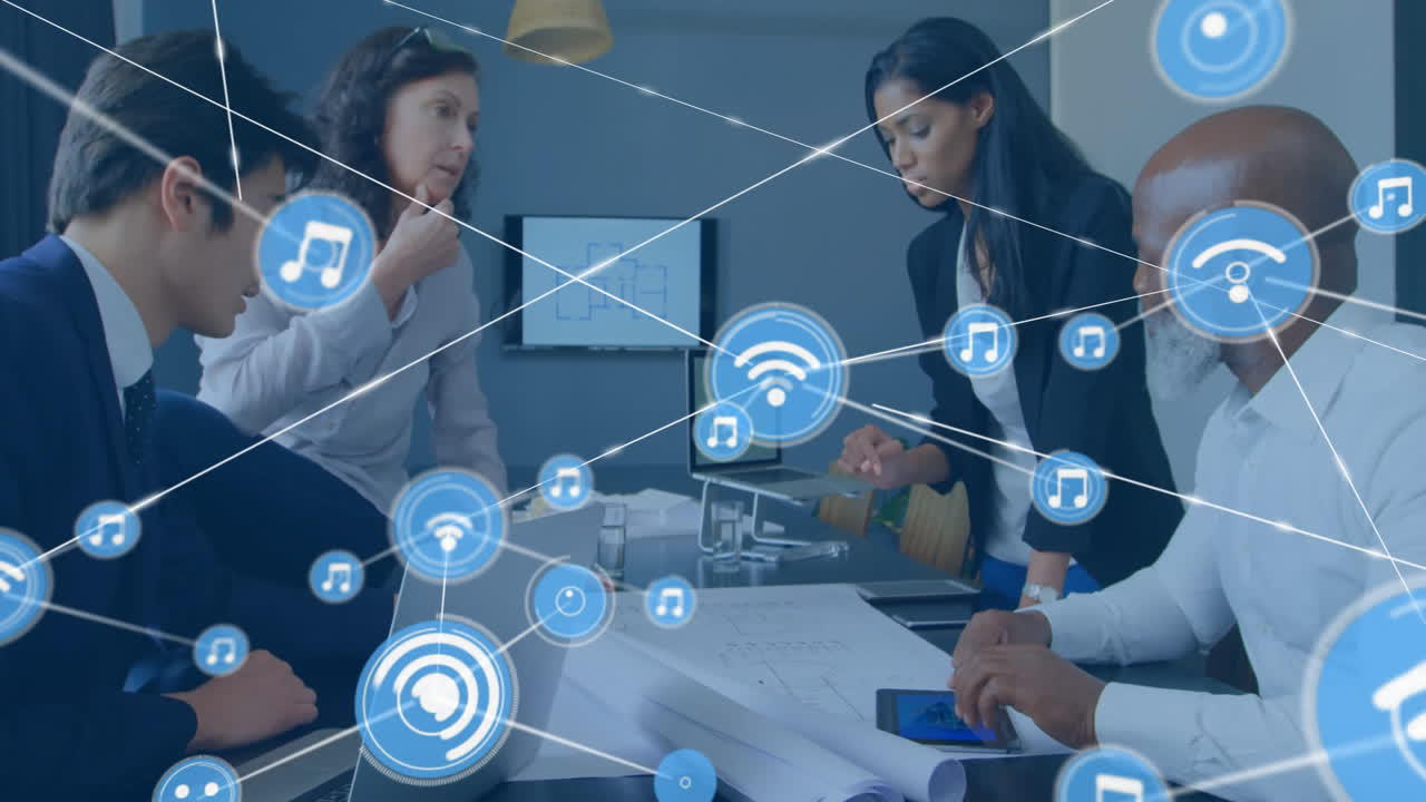 Team reviewing architectural blueprints at conference table, showing floating WiFi and music icons