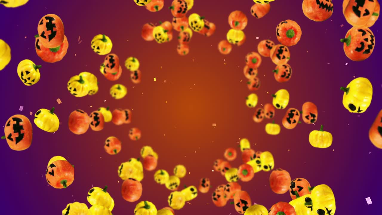 Flying many orange and yellow pumpkins. Gradient background. Cartoon faces with smile. 3D animation for the holiday Halloween. Loop animation.