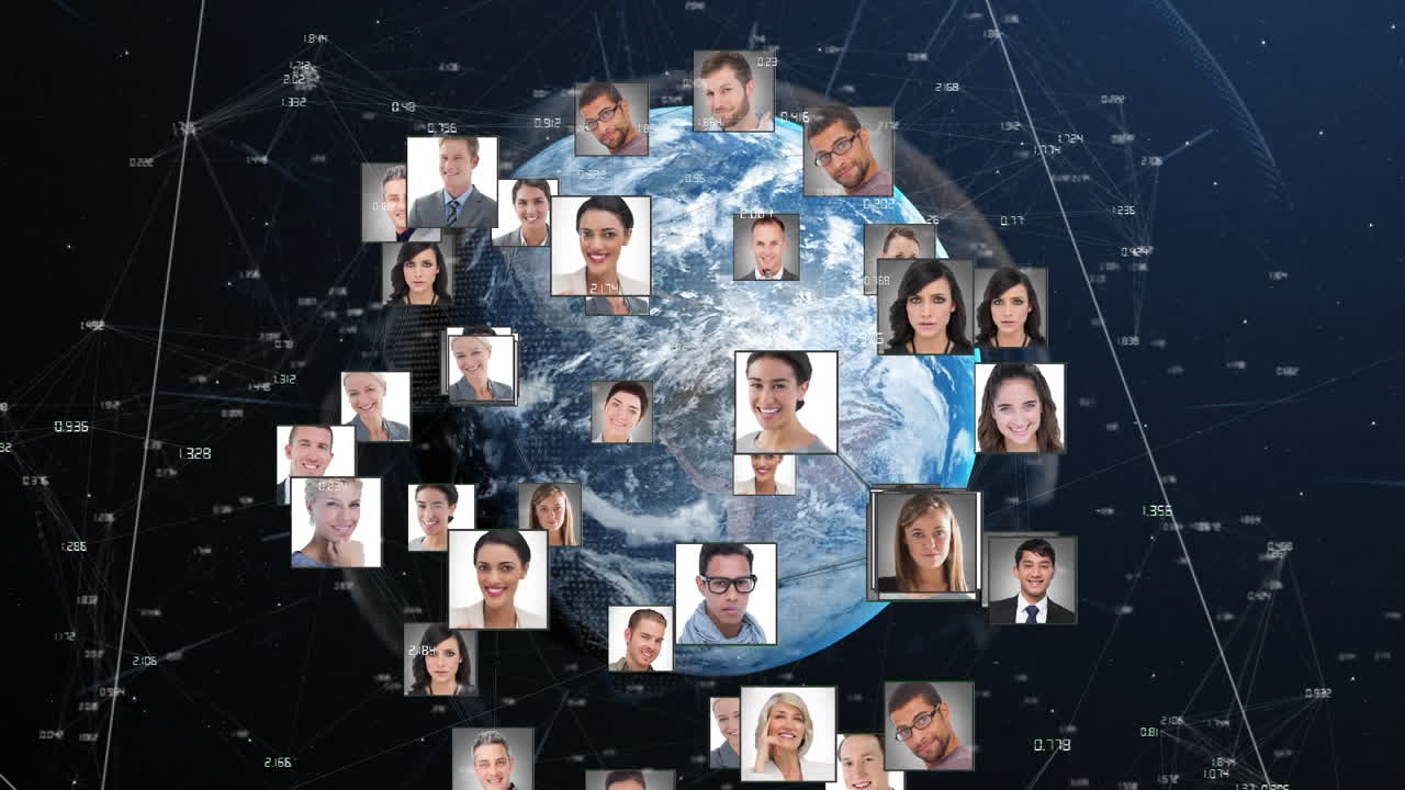 Globe of profile icons against spinning globe on blue background