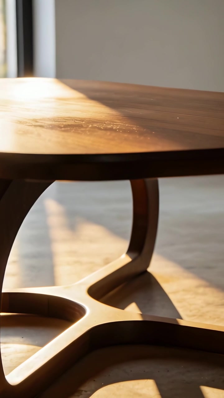 Vertical video: Moving camera upward showing round wooden table base in room to reveal sunlit glow