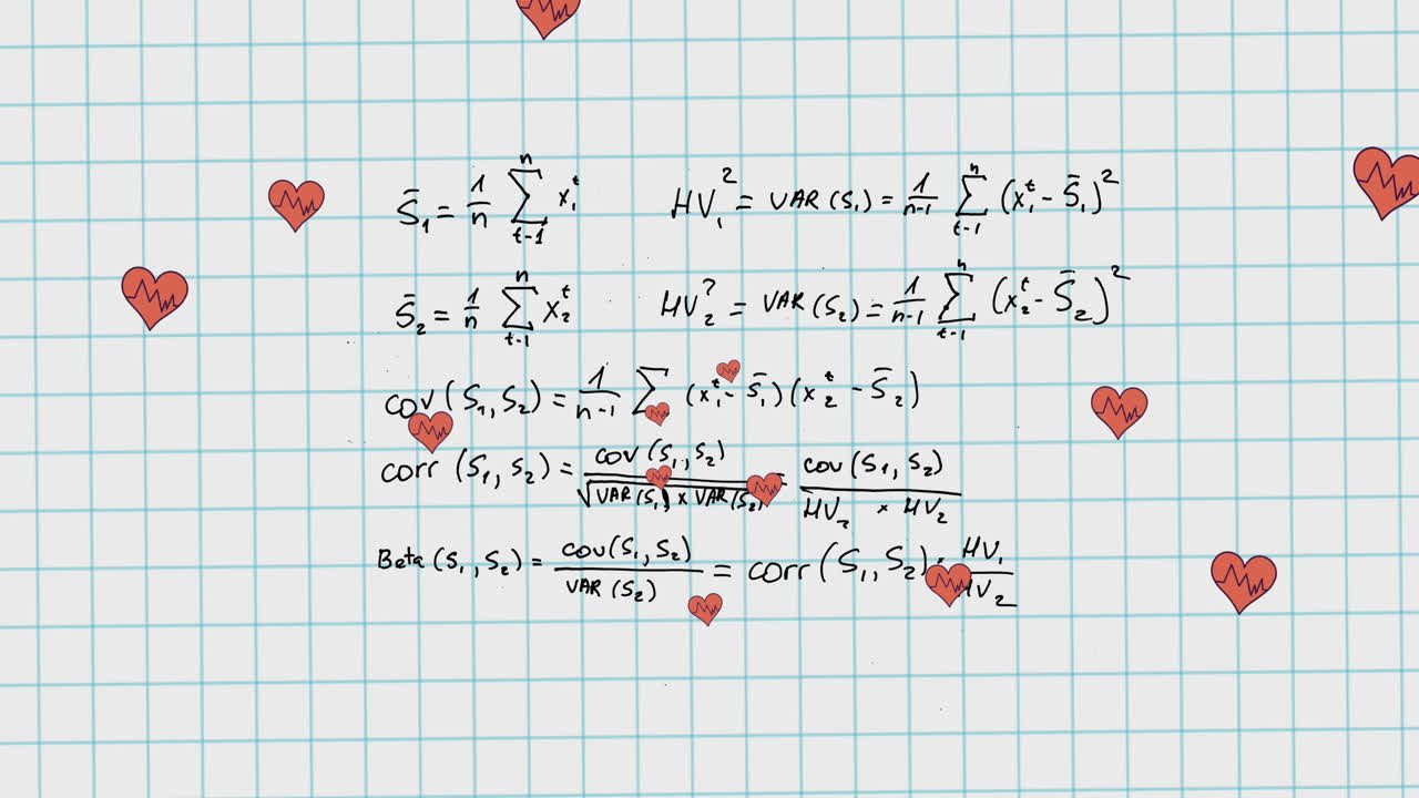 animación de corazones que caen sobre ecuaciones matemáticas en el cuaderno de la escuela