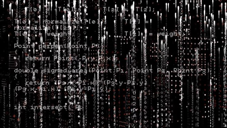 Animation of white light trails falling over data processing, on black