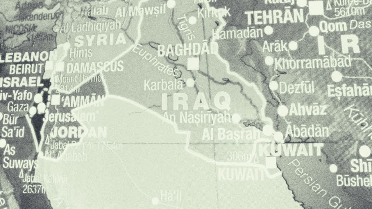 Close-up of a map of the Middle East, centered on Iraq