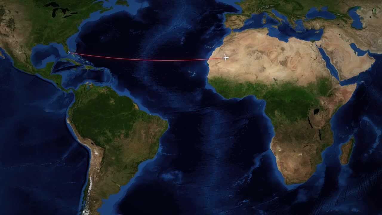 A red line tracks an airplane flying across the Atlantic Ocean from Miami to Cairo
