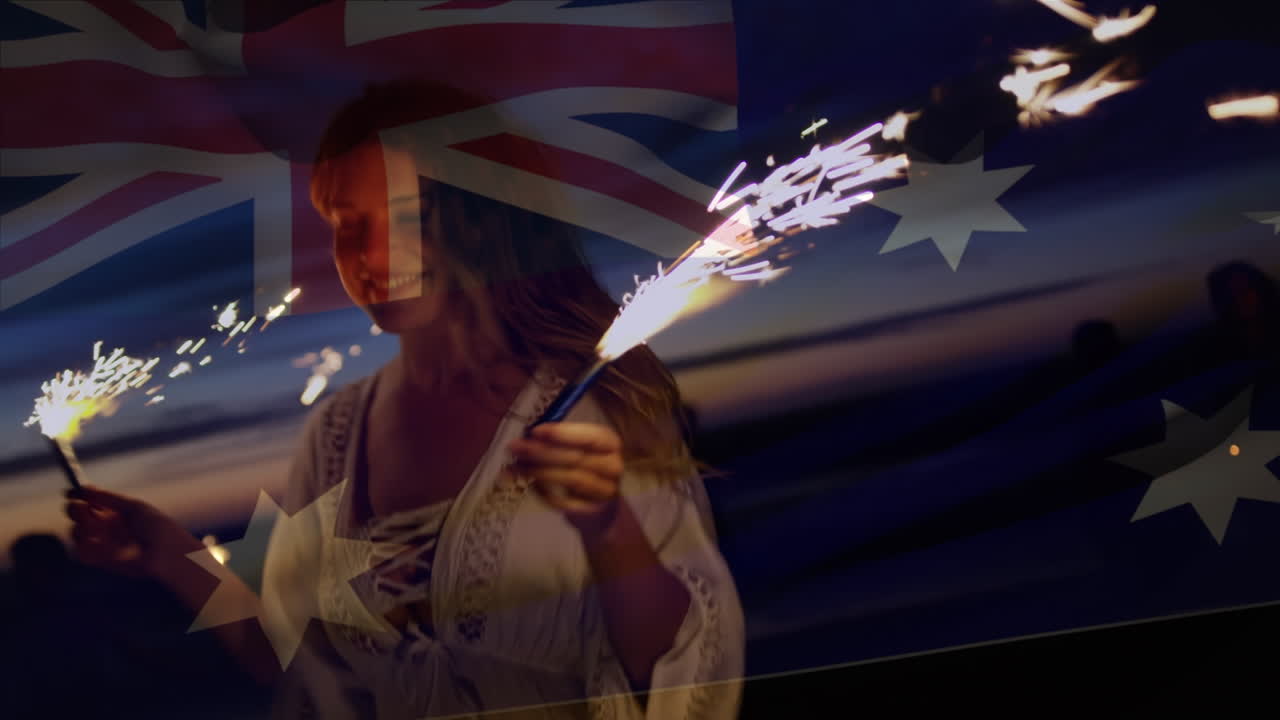 해변에 있는 다양한 친구들의 그룹 위에 오스트레일리아 발을 흔들고 있는 애니메이션