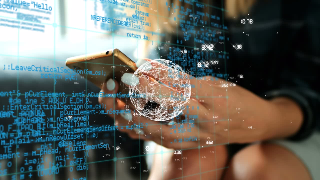 animación del globo y procesamiento de datos sobre una mujer caucásica usando un teléfono inteligente