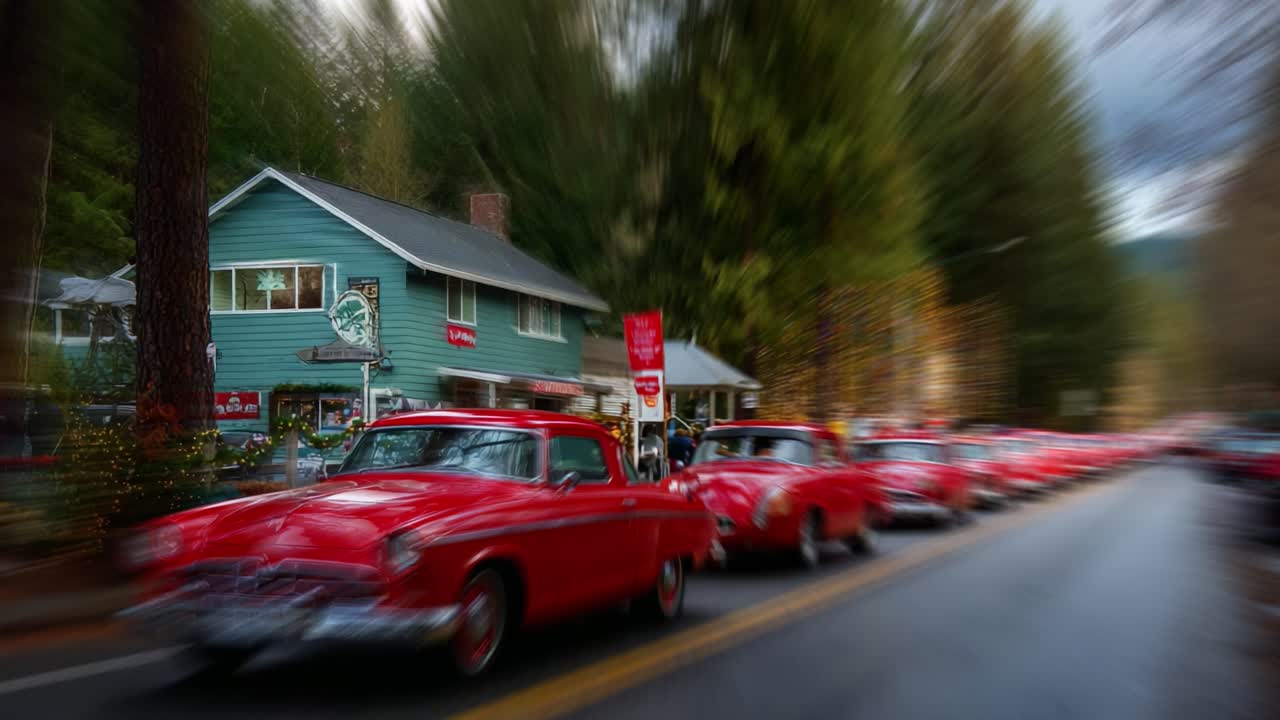 A Stunning Parade of Classic Red Cars Captured in Motion, Showcasing Vintage Automotive Beauty Alongside a Charming Green House Surrounded by Tall Trees, Evoking Nostalgia and Joy in an Idyllic Setting
