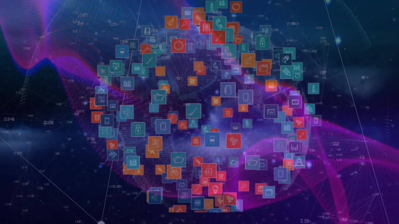 Starting glowing teal icon squares converging purple core rotating sphere visualizing network flow