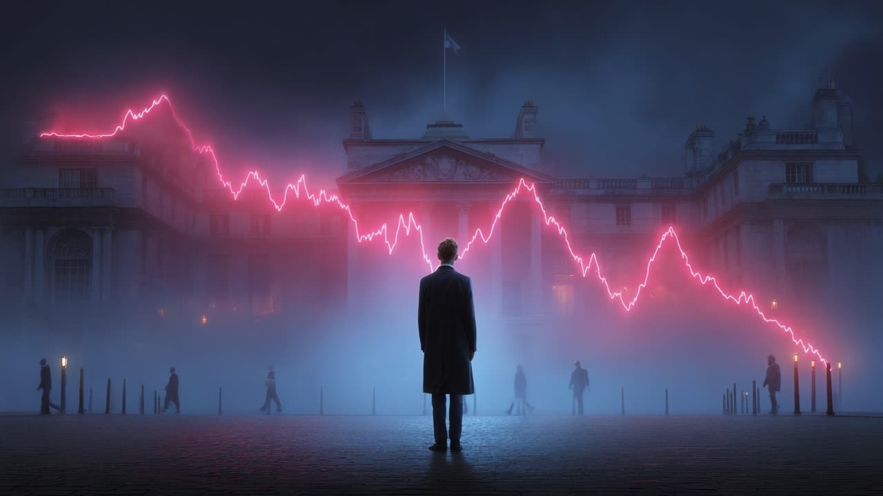 A Mysterious Figure Observing a Declining Trend Line Against an Ominous Background Elicits Thoughts of Economic Uncertainty and Speculation in a Foggy Atmosphere