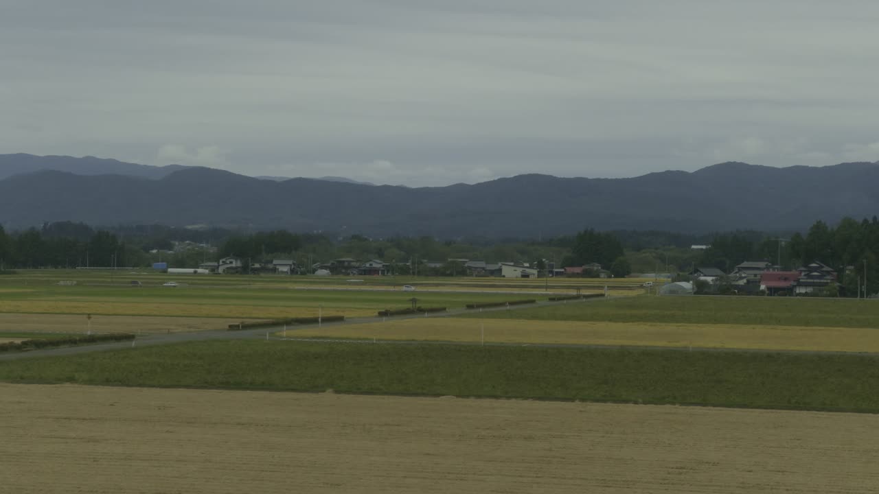 Serene Japanese Countryside Landscape with Distant Mountains
