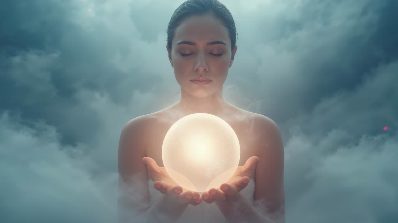 Répondre à une sphère pulsante, femme sans bretelles méditant et berçant une sphère lumineuse dans un décor de nuages brumeux