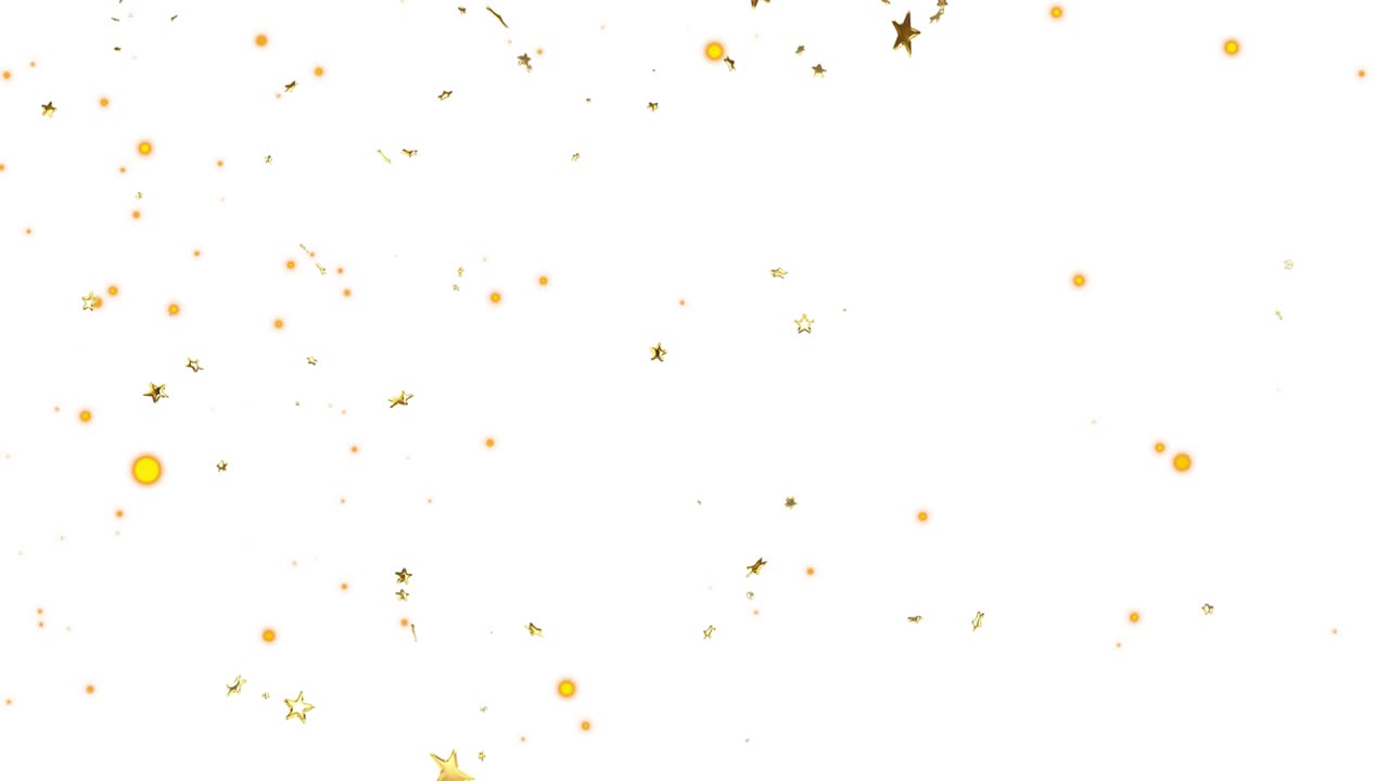 Starting with sparse scattering golden stars and orbs growing swirling fading filling flat design