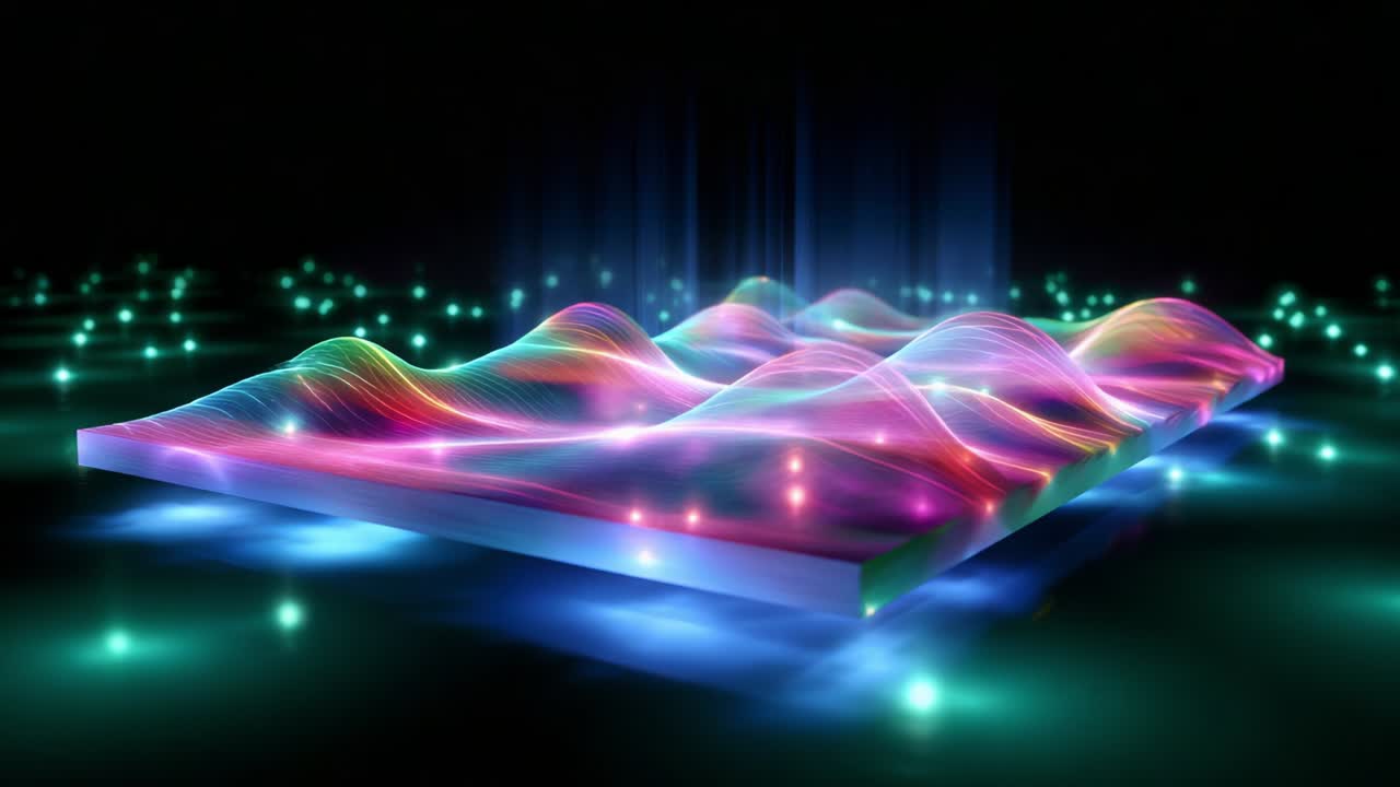 A mesmerizing visualization of sound waves emanating from a vibrant, illuminated surface, illustrating the dynamic interplay of light and color in an abstract digital landscape filled with rhythmic patterns and energy