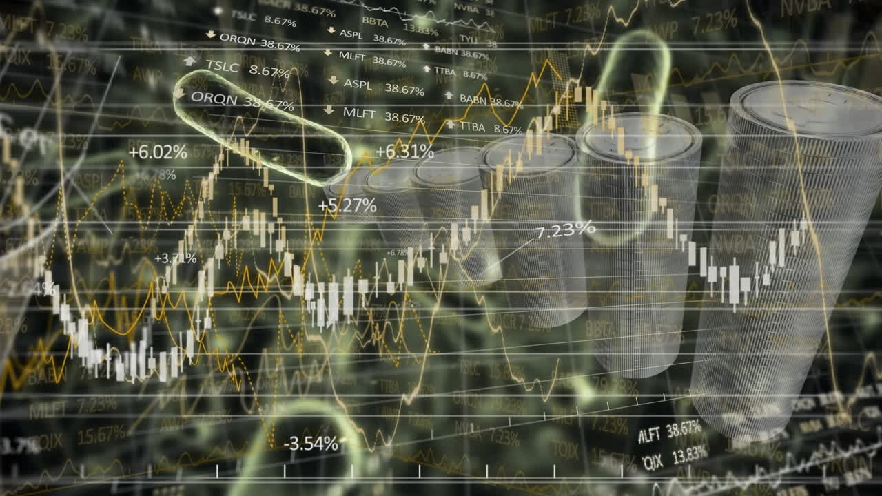 비트코인과 코로나 19 세포에 대한 금융 데이터 처리 애니메이션