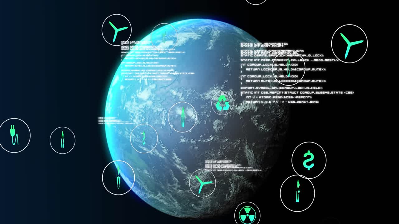 Animation of icons, data and globe on black background