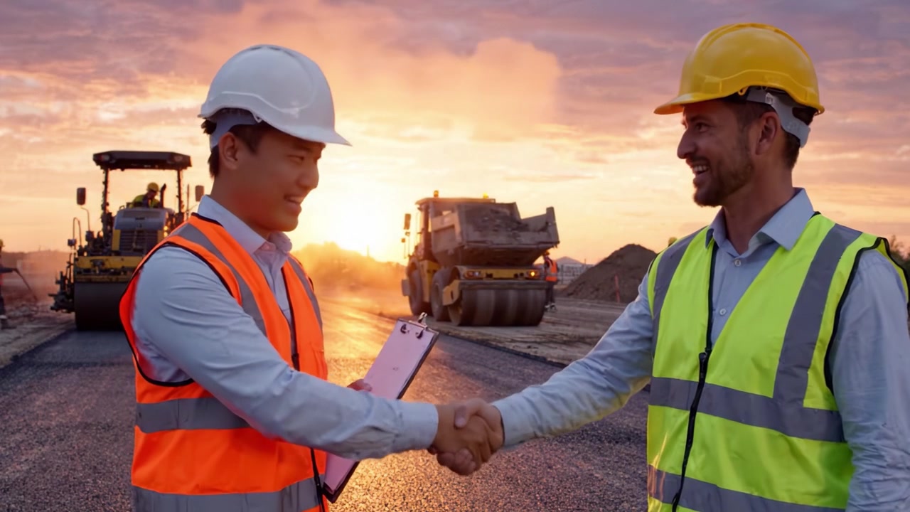 Construction Workers Collaborate on Road Project During Sunset, Showcasing Heavy Machinery and Safety Protocols on a Busy Job Site