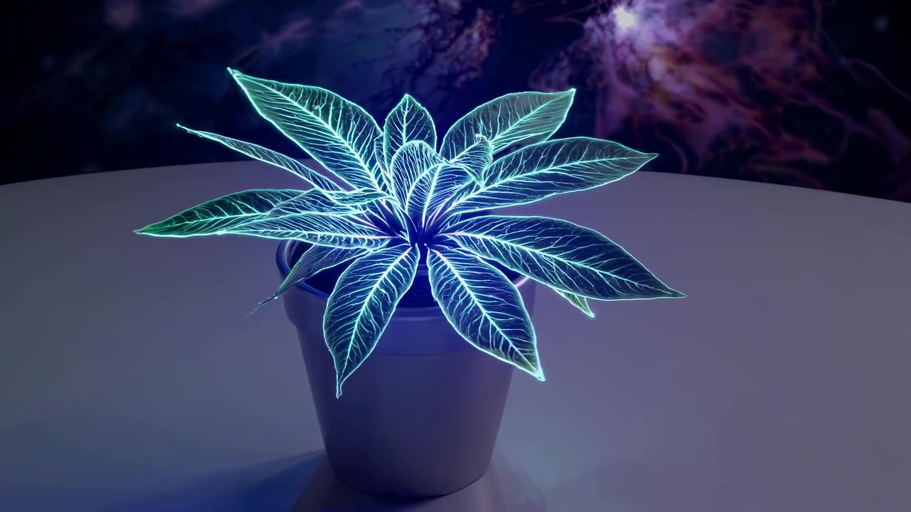 Pianta d'appartamento al neon luminosa con nervature fogliari digitali