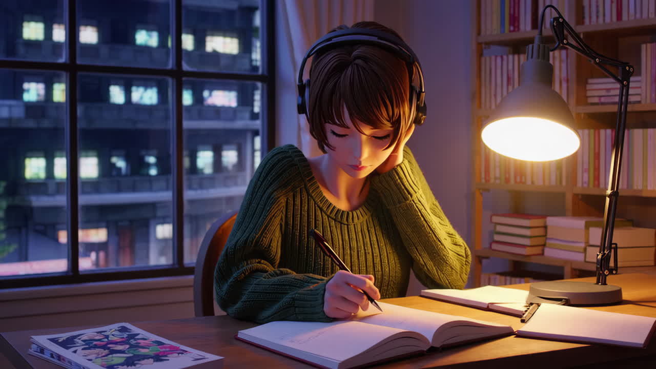Anime-jente som studerer om natten