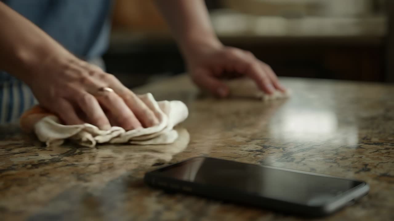 Pressing left hand, hands in striped apron wiping kitchen counter with cloth drying surface, phone