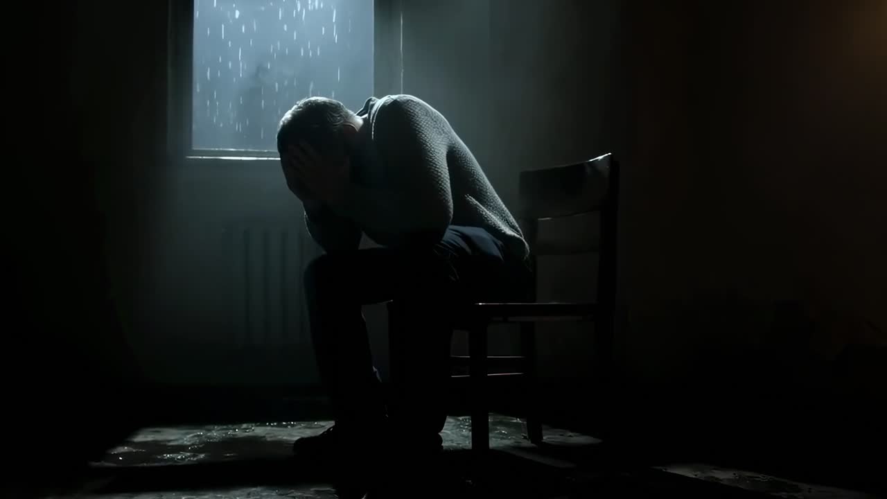 Moody video scene of a person in despair, shot from a side angle in a dimly lit room