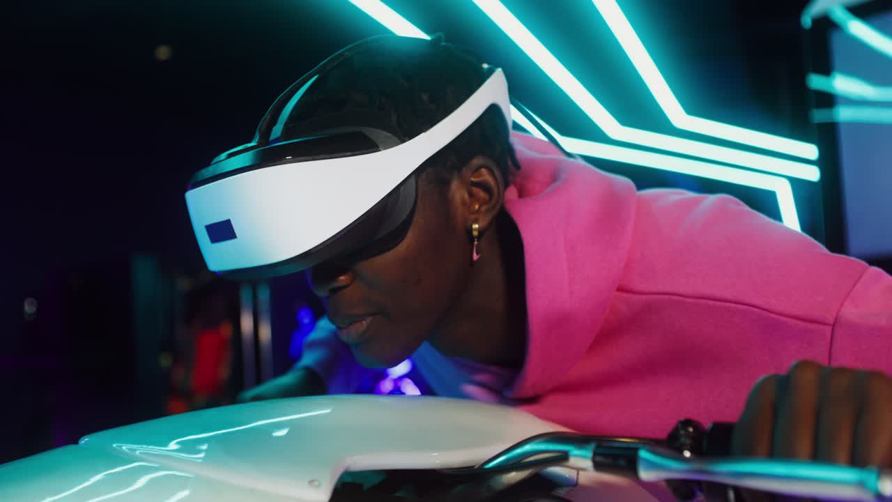 Woman Experiencing Virtual Reality on a Motorbike Simulator