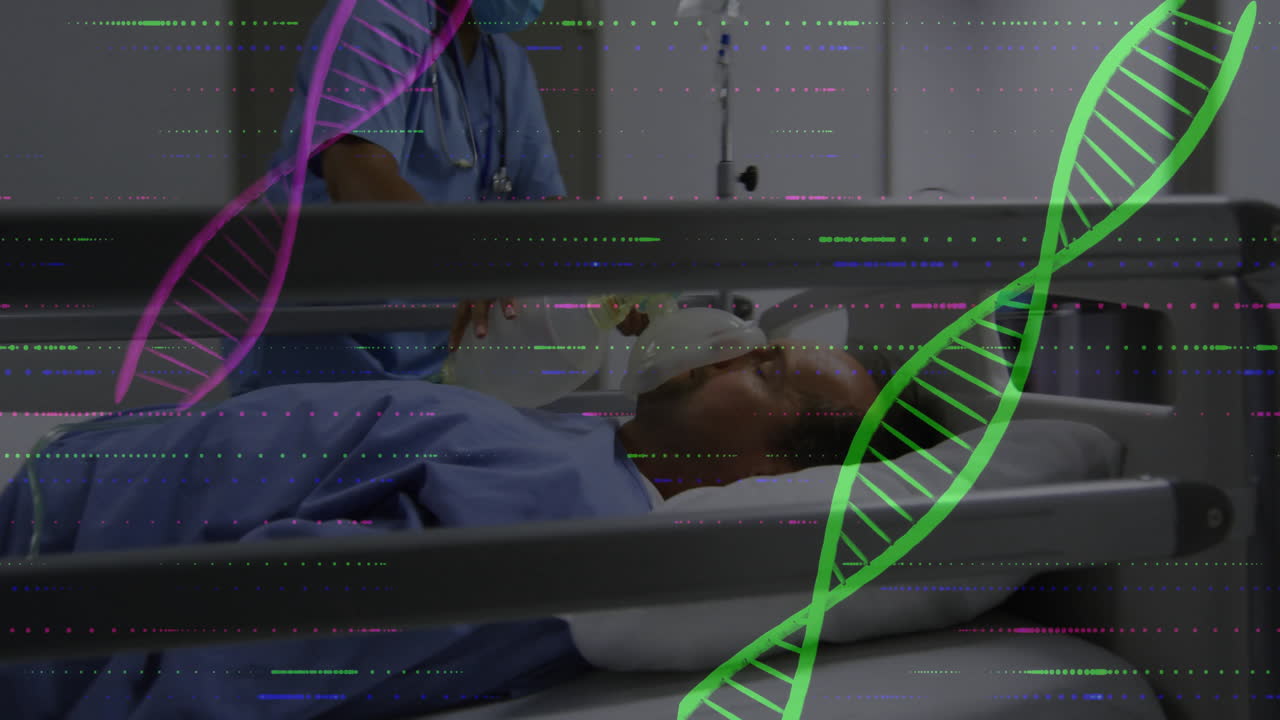 DNA strand animation over patient in hospital bed with medical staff nearby