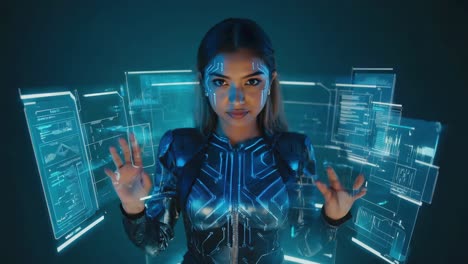futuristic woman with holographic interface