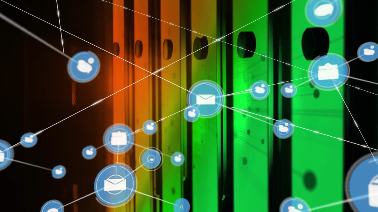animación de la red de conexiones con iconos de correo electrónico y procesamiento de datos a través de servidores informáticos