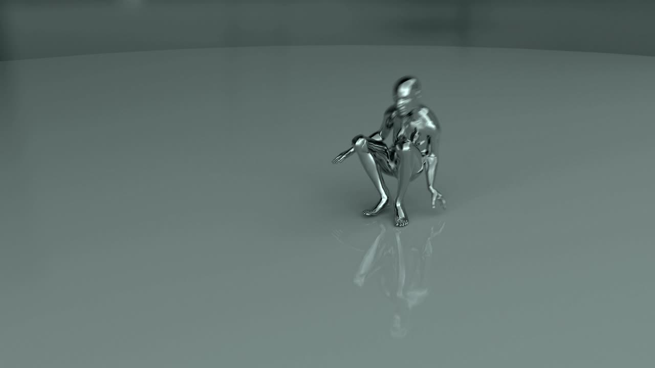A gold human form performs a dance then deflates.