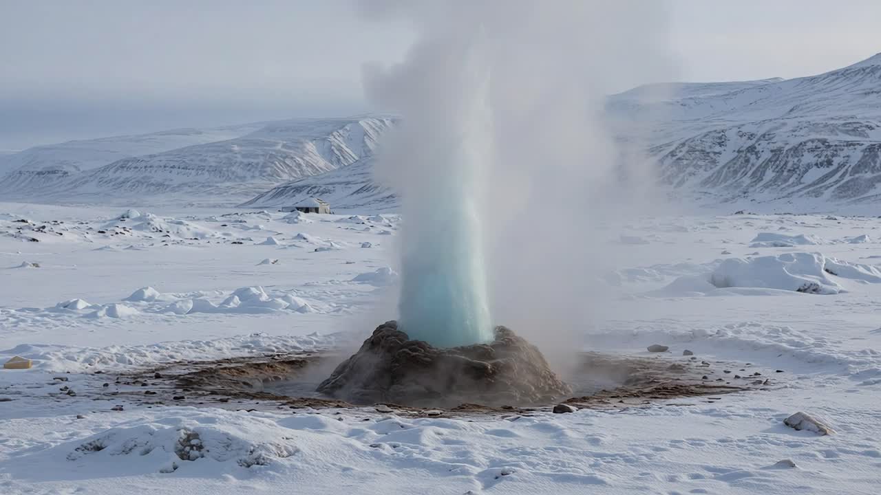 A Stunning Eruption of Geothermal Energy: Exploring the Power and Beauty of a Geyser in an Icy, Snow-Covered Landscape
