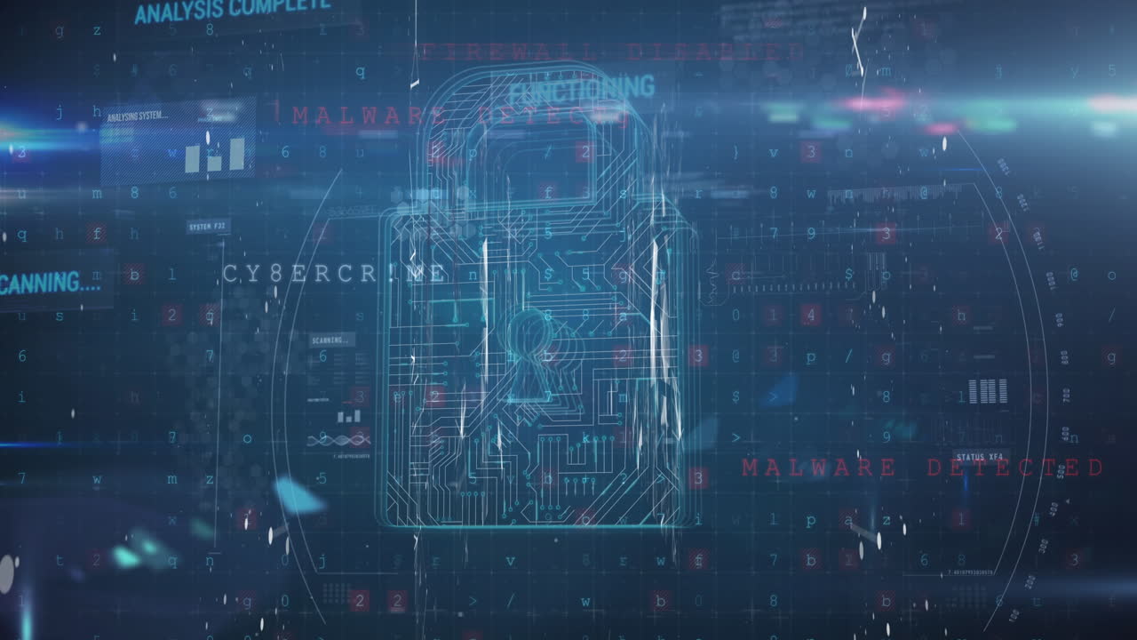 Animation of data processing and padlock on blue background