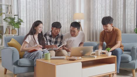 students studying and celebrating together at home