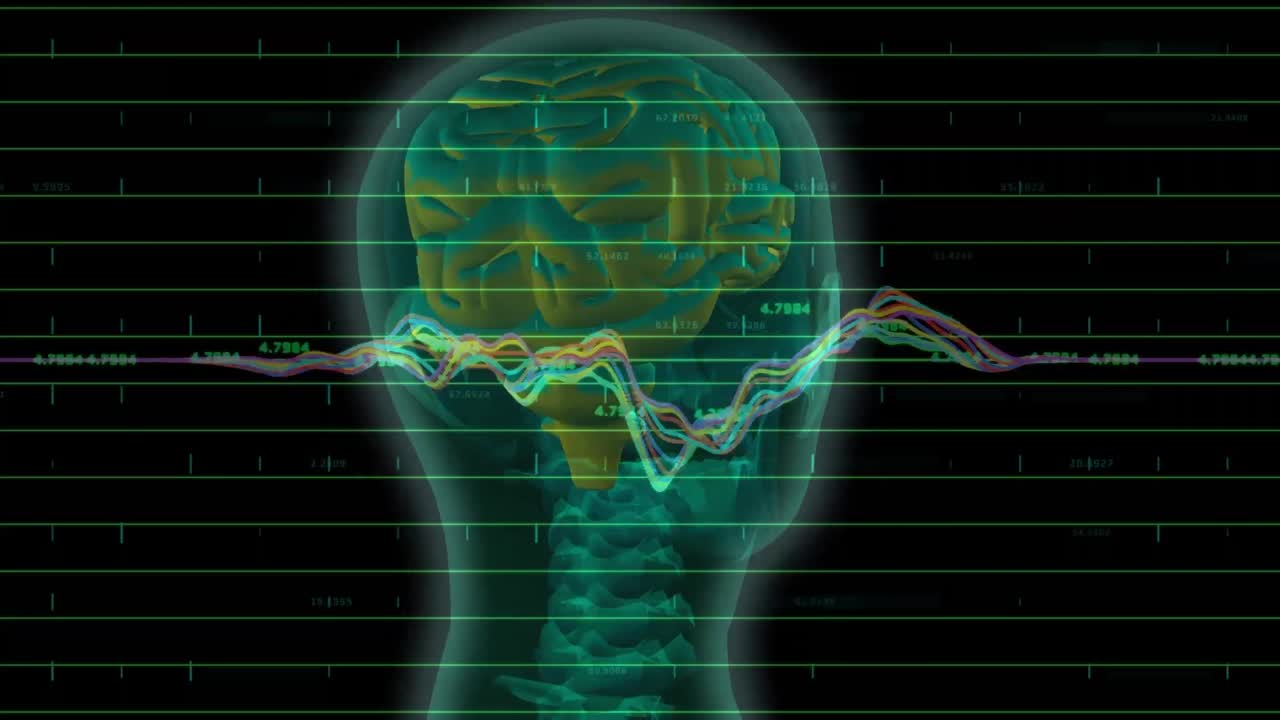animación de gráficos y números sobre el modelo de cabeza giratoria sobre fondo negro