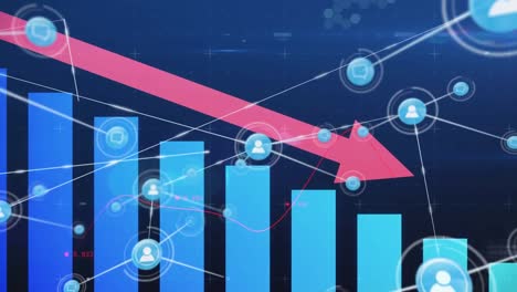 Animation-of-financial-data-with-red-arrow-descending-processing-over-network-of-connections-with-ic