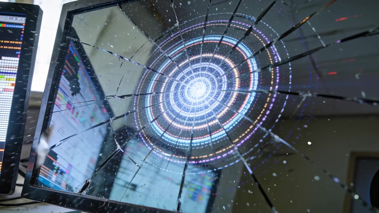 Brightening cracked wide monitor displaying ringed HUD on desk, left monitor showing charts, shards
