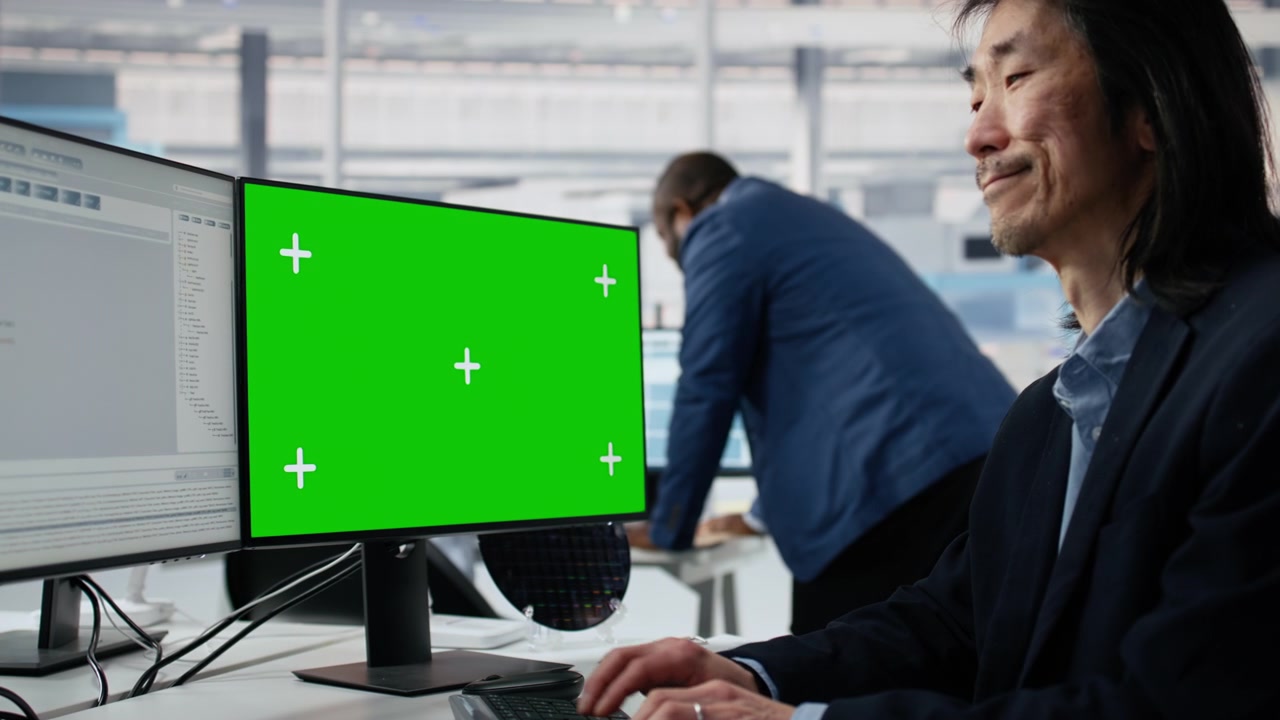 Uomo d'affari asiatico che lavora al computer con un monitor a schermo verde
