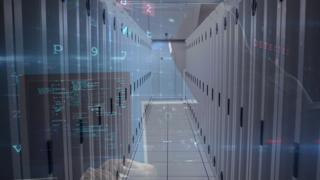 Animation of cyber attack warning over hacker in server room