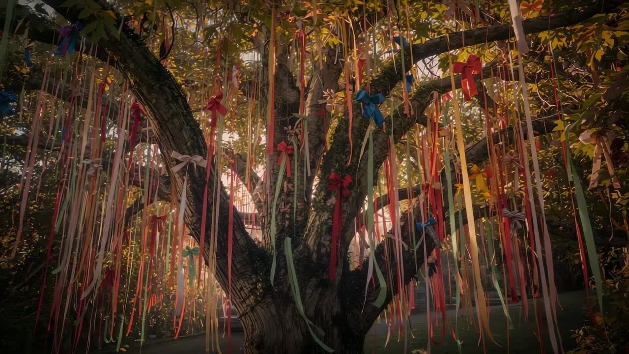 Stirring breeze causing multicolored ribbons swaying on park tree trunk, highlighting bark textures