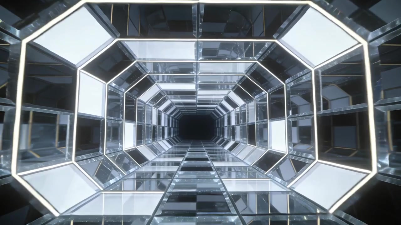 Starting playback, camera moving through octagonal mirrored tunnel with lit edges, revealing void