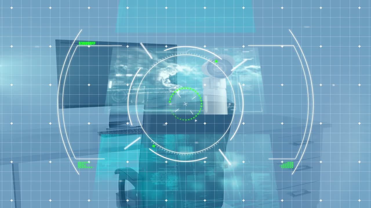 animación del procesamiento de datos y escaneo de ámbitos sobre la oficina vacía