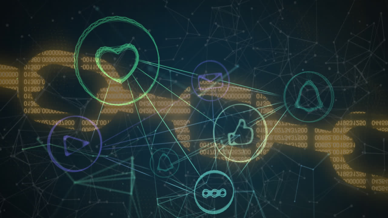 파란색 배경에 디지털 아이콘 네트워크와 보안 체인 아이콘의 애니메이션