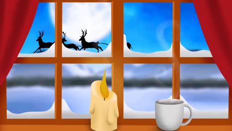 animation of santa claus in sleigh with reindeer seen through window and candle