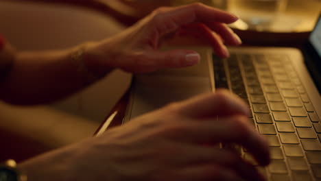 ceo hands typing laptop computer in business trip closeup. manager making report